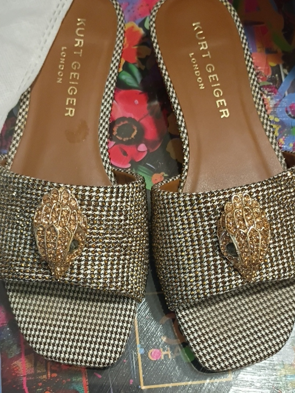 Kurt Geiger Gold Tweed Slide Mules with Crystal Emblem